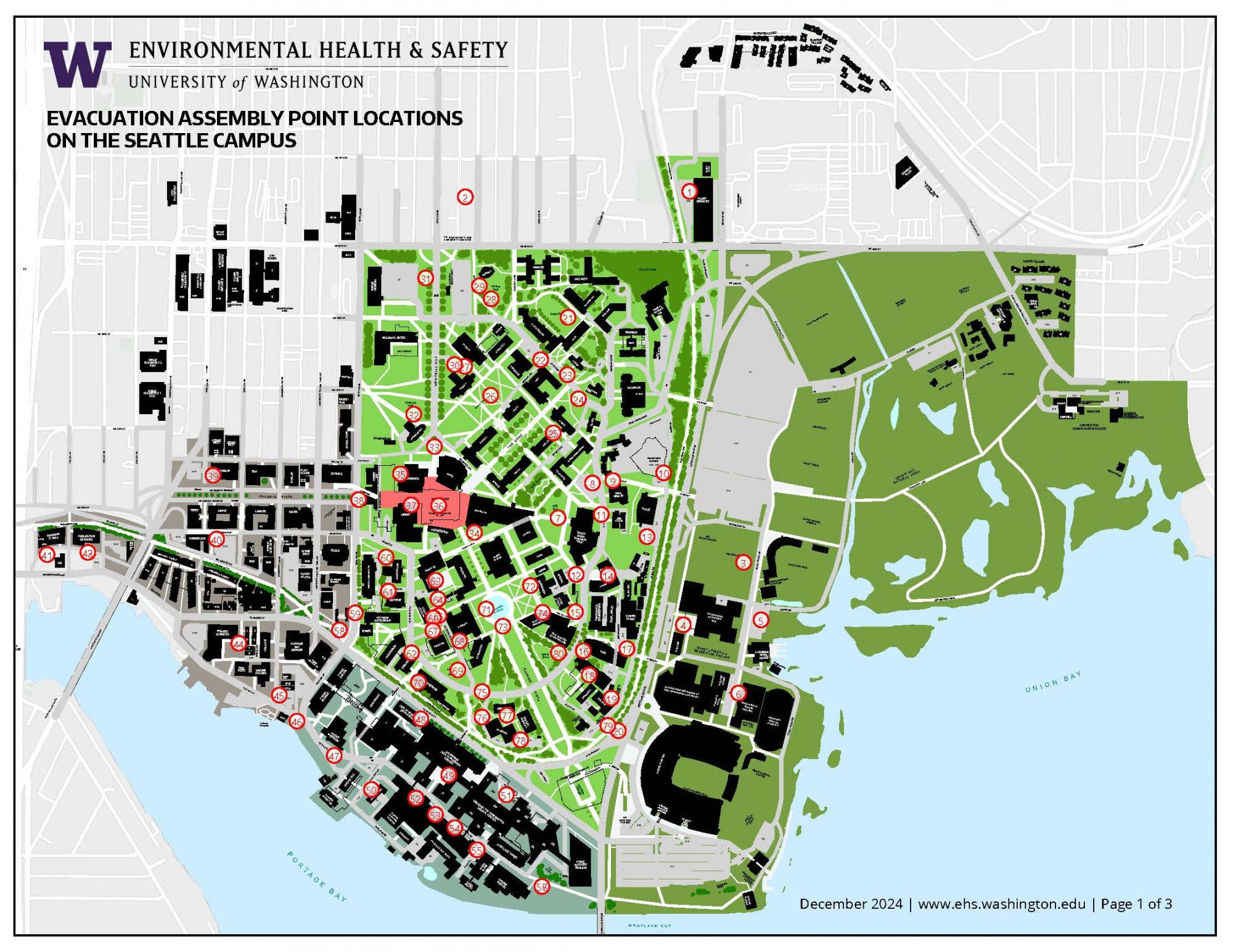 map of the Seattle campus with assembly locations marked with numbers described in text